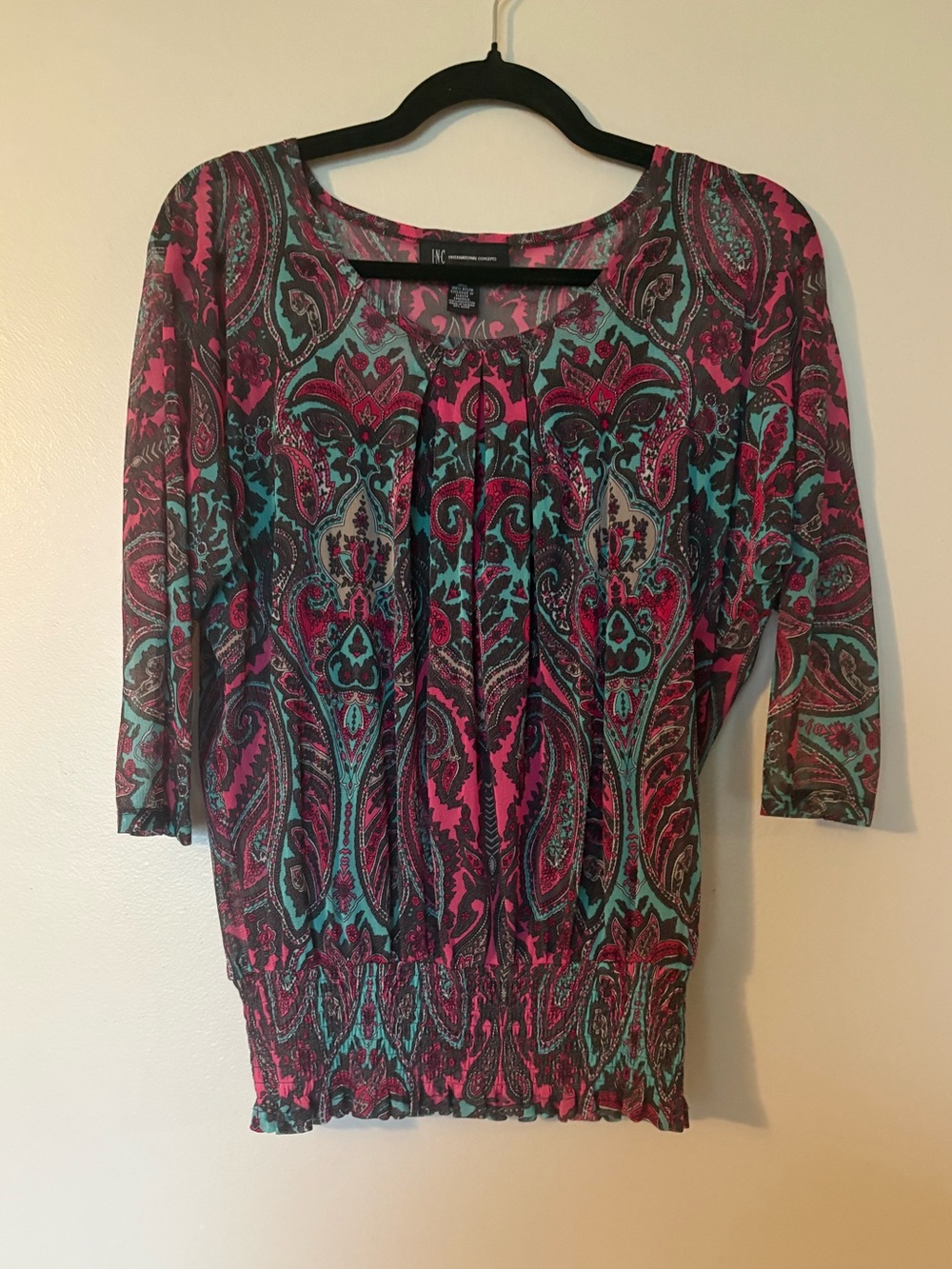 INC International Concepts Paisley Scoop-Neck Blouse in Fuchsia and Teal